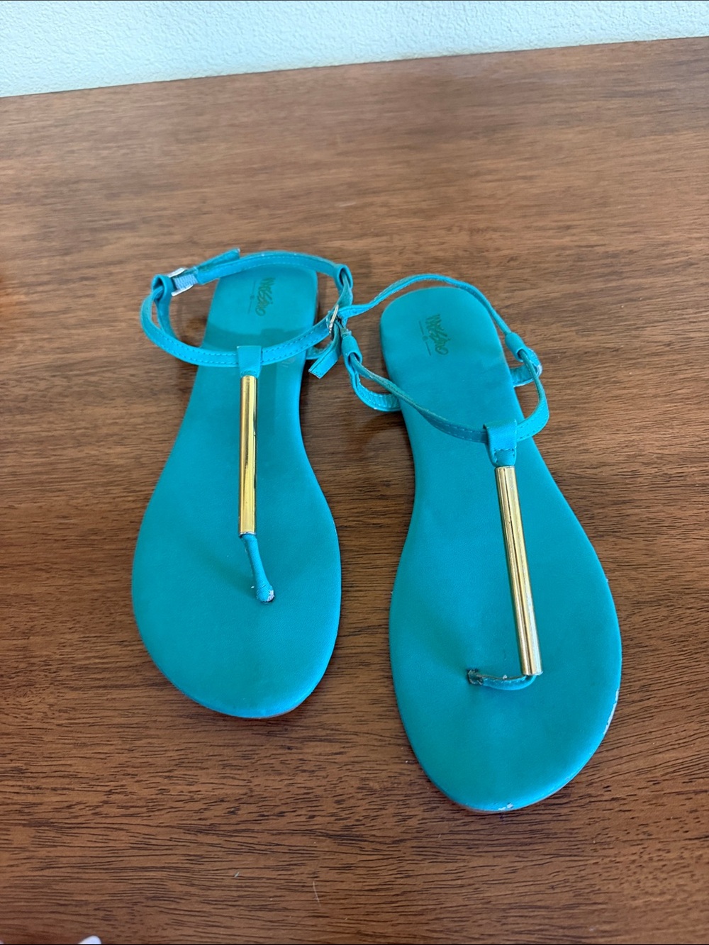 Massimo Teal T-Strap Sandals with Gold Bar Accent